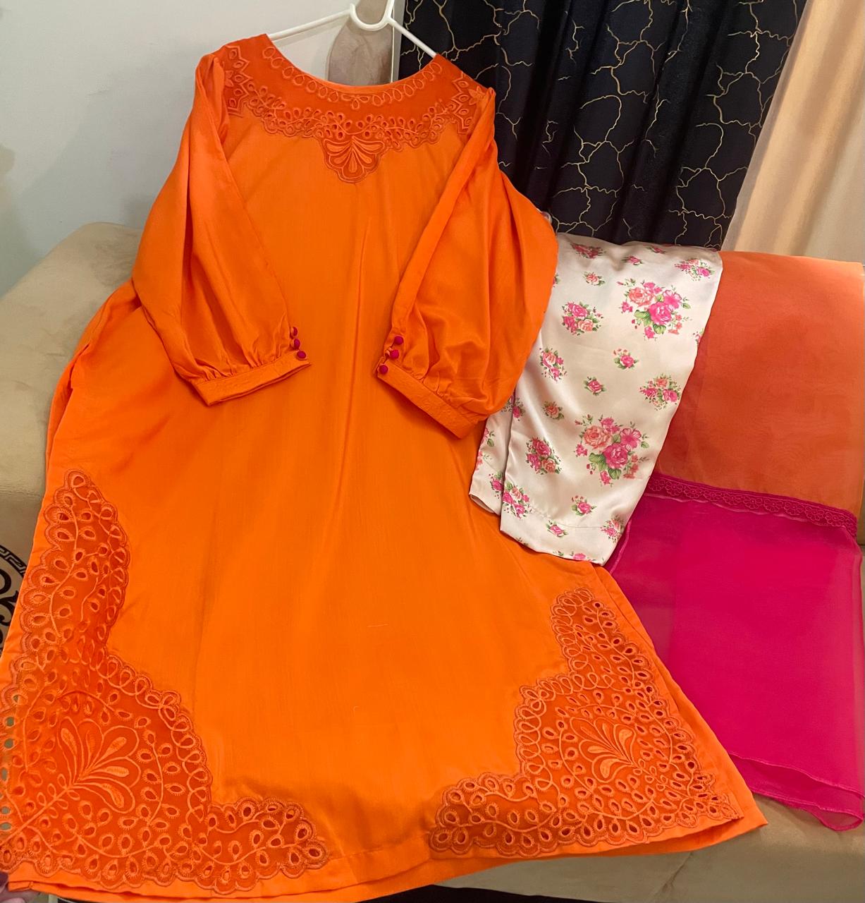 Orange Embroidered Raw Silk Set